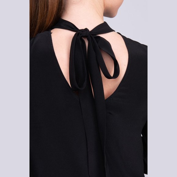 8 Black S 100% Silk Shift Dress Low Open-Back Tie Bow Made in Italy Knee Office - Picture 6 of 14